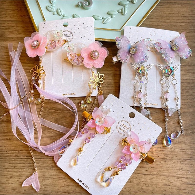 Conjunto de tocados de estilo chino para niños, horquilla Hanfu para niñas, horquilla de estilo antiguo, accesorios para el cabello con borlas de mariposa y hadas_voghion.com