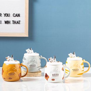 Cartoon Animal Mobile Phone Holder Ceramic Cup Creative Cat with Lid Spoon Mug Office Student Water Cup