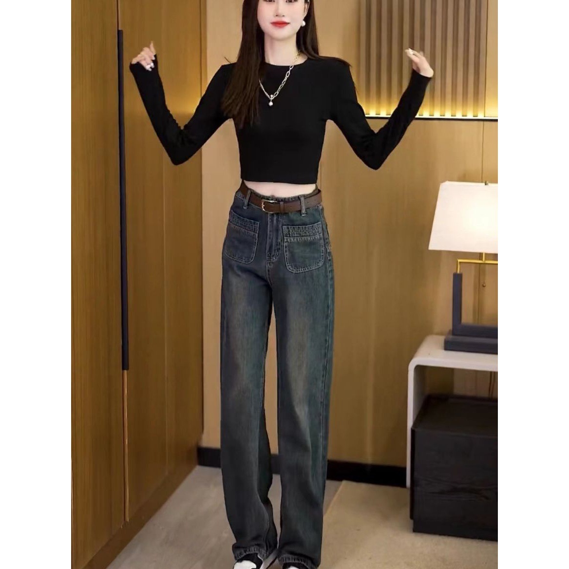 2023 Autumn New retro design high waist slimming Denim wide leg pants women's all-match round neck T-shirt two-piece set