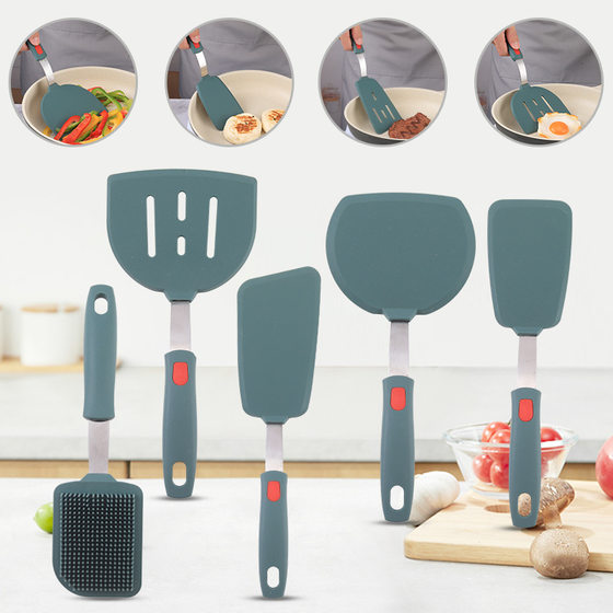 Dark Green Silicone Kitchenware Stainless Steel Handle Frying Shovel Leakage Shovel Kitchen Utensils Cooking Shovel Silicone Frying Pan Pot Shovel