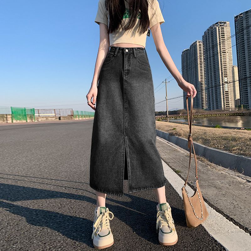 High Waist Split Denim Skirt Women's 2023 New Summer A- line Skirt Hip Skirt Small Pear-shaped Long Skirt