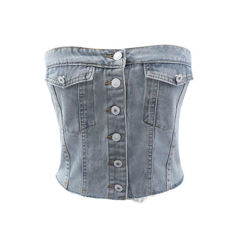 [spot] summer new women's European and American ins chest-wrapped denim corset short jacket waistcoat