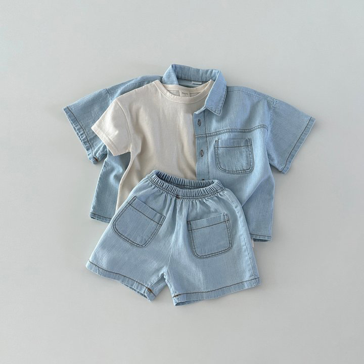 韩版ins中小童男女宝宝短袖牛仔衬衫短裤套装夏季时尚洋气两件套