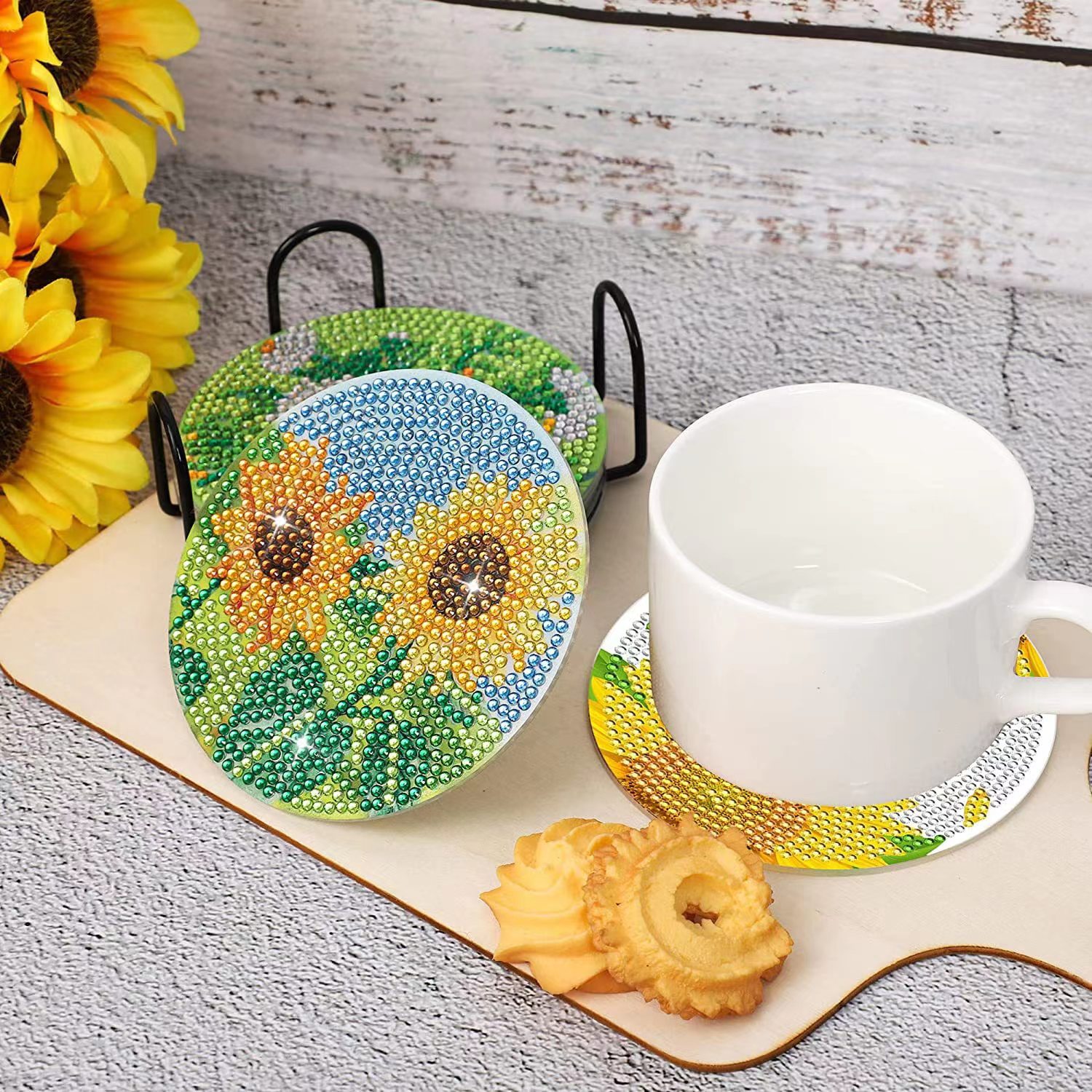 8-piece sunflower DIY Diamond painting coaster round wooden placemat cross-border Diamond sticking Diamond painting diy handmade diamond