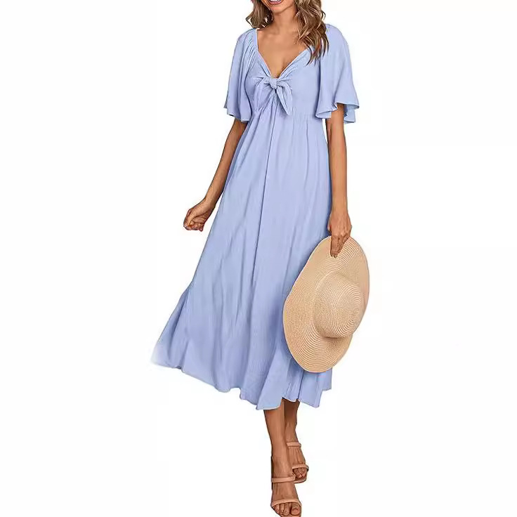 Amazon new 2024 summer women's short sleeve bow V-neck pleated long elegant dress