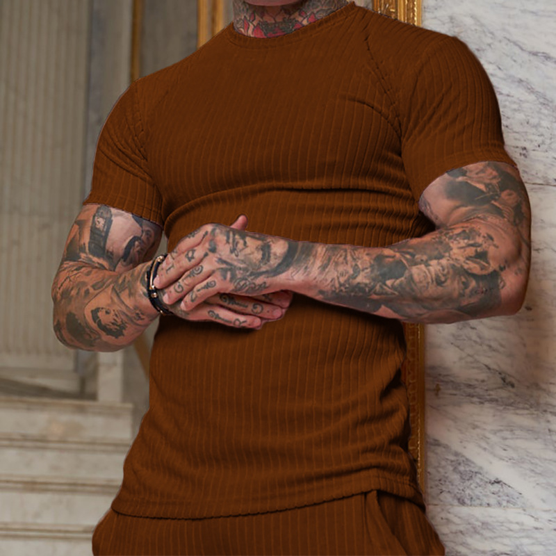 Europe and the United States cross-border foreign trade wish men's summer sports fitness leisure stand collar elastic vertical strip round neck short sleeve t-shirt