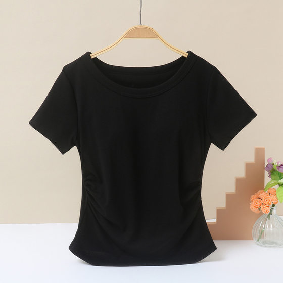 Short-sleeved T-shirt with Chest Pad Women's Tight Waist Slimming Bra One-piece Top Bra-free Sports Yoga New Base Shirt