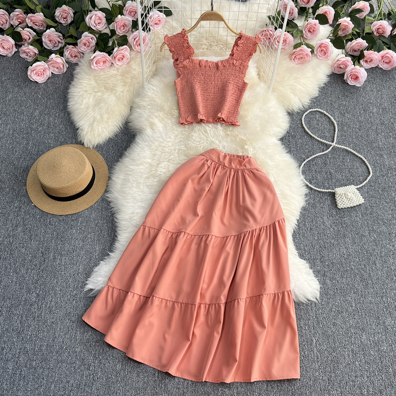Seaside Holiday Fashion suit women's mid-length high waist A- line cake skirt two-piece western style camisole