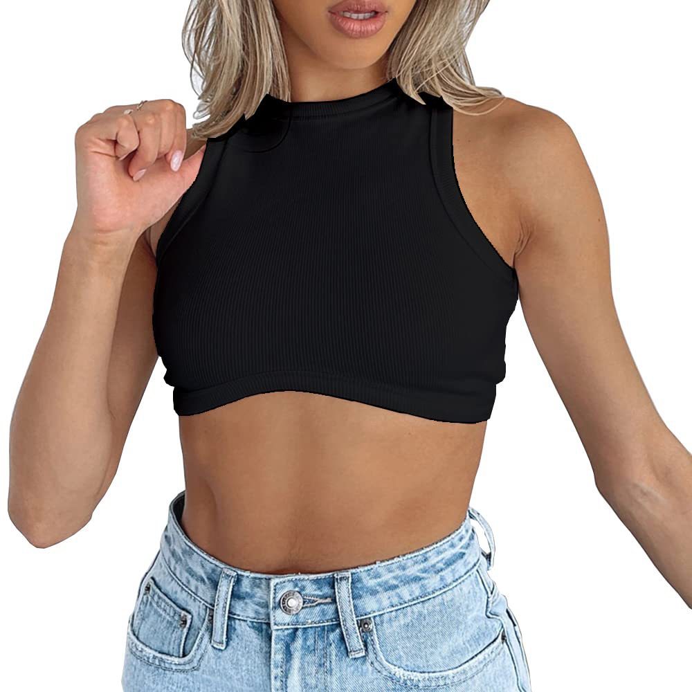 European and American Women's New Amazon Women's Sexy Sleeveless Round Neck Rib Knitted Vest Cropped Top
