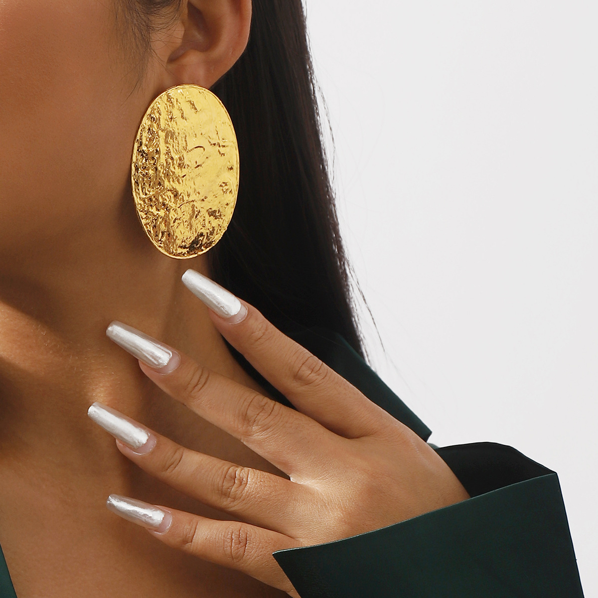 E12322 European and American simple style exaggerated alloy oval earrings textured concave and convex geometric metallic fashion earrings
