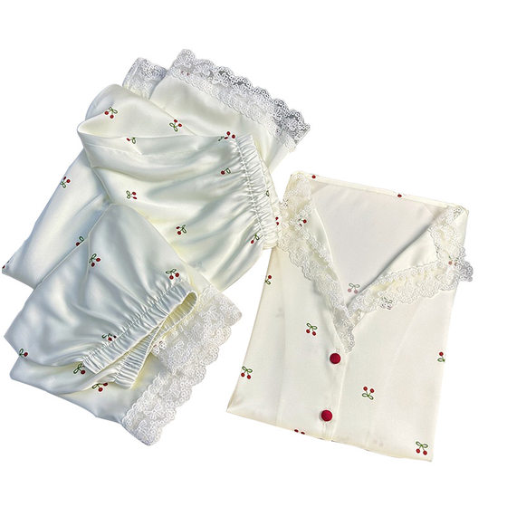 Pajamas women's summer thin ice silk three-piece suit net red cherry can be worn outside high-end ladies home clothes wholesale