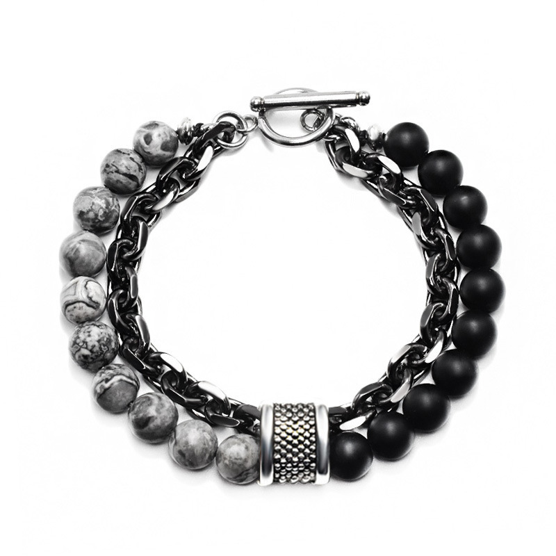 New European and American frosted map Stone Bracelet Men's double-layer beaded otbuckle transfer beads titanium steel all-match bracelet jewelry fashion