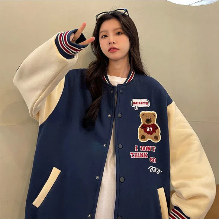 Retro Student Internet Celebrity Bear Baseball Suit Cardigan Women's Spring and Autumn Hong Kong Style Large Size Slimming All-match Jacket Coat Trendy