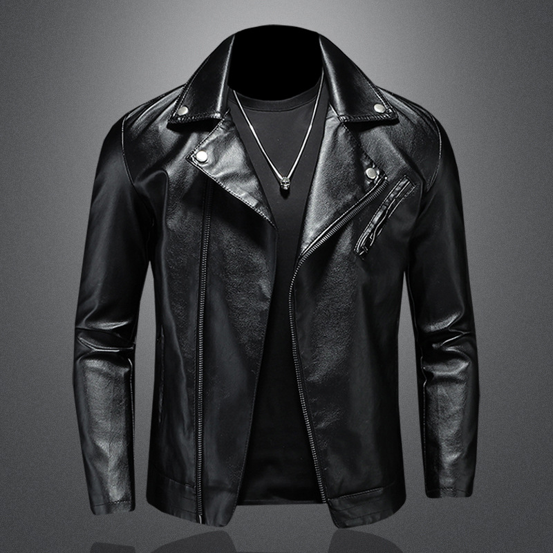 Leather Men's Fashionable Korean Style Handsome Imitation Jacket Vertical Collar Slant Zipper Slim-fit Riding Clothes Motorcycle Jacket Spring and Autumn
