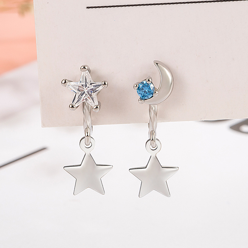 Asymmetric Moon and Stars Earrings Women's Light Luxury Simple Elegant Niche Design High-grade Painless Ear Clip Earrings without Ear Holes
