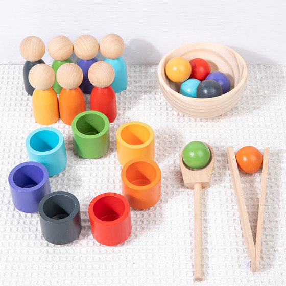 Children's Early Education Montessori Wooden Seven-color Ball and Cup Color Classification Cognitive Matching Pair-clip Bead Educational Toys