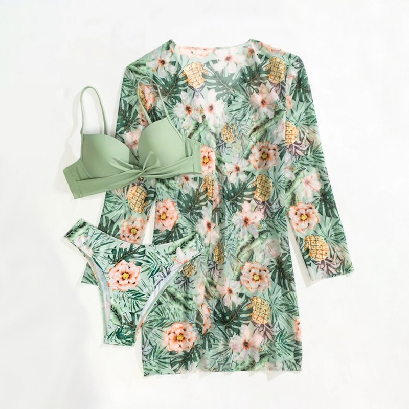2024 New Swimsuit Three-Piece European and American Gauze Overshirt Kimono Split Bikini Cross-Border Swimsuit
