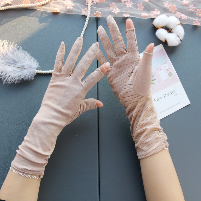 Sunscreen Gloves Women's Mid-Length Summer Thin Driving Ride Tea Picking Nail Art Non-Slip Cotton Breathable Open Fingers Spring and Autumn Half Finge_voghion.com