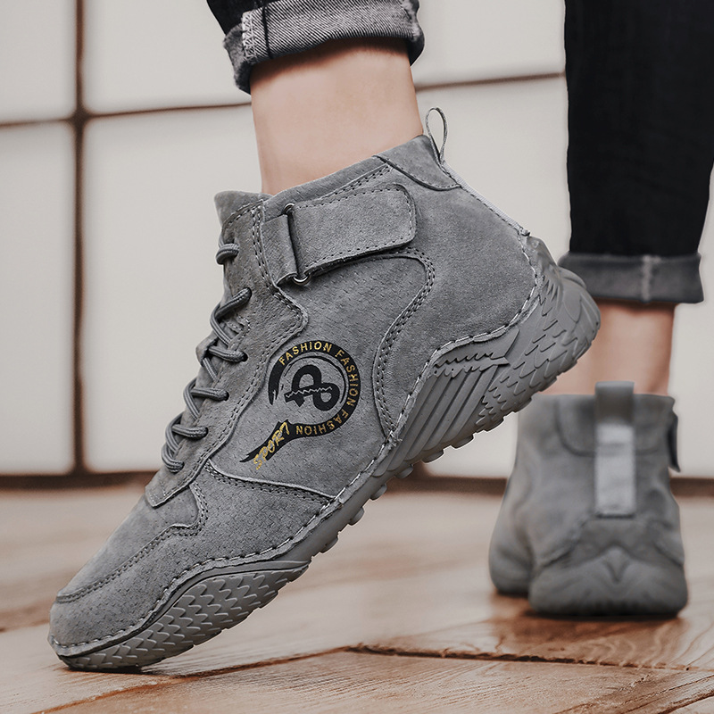 Autumn and Winter new men's casual shoes short boots fleece-lined warm outdoor men's leather boots hand-stitched Martin boots men