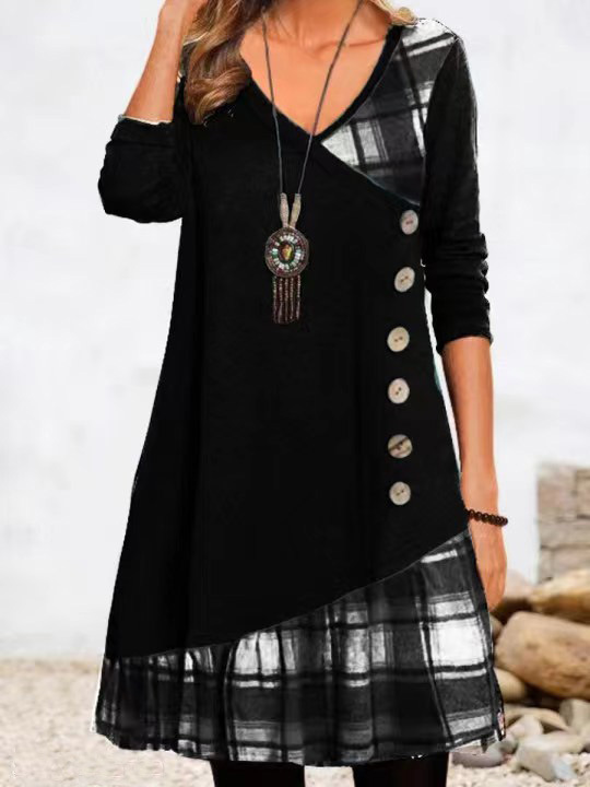 2023 Europe and America Amazon independent station TEMU cross-border new women's casual stitching button long sleeve dress