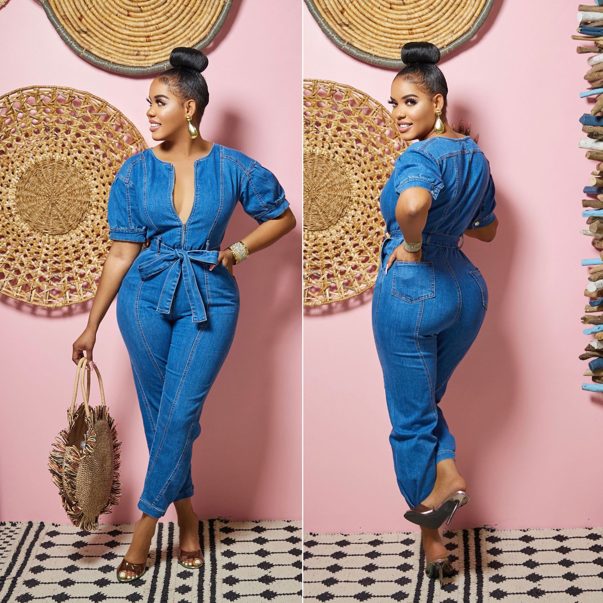 Amazon eBay hot-selling jumpsuit women's European and American new sexy fashion temperament blue washed cross-border jumpsuit