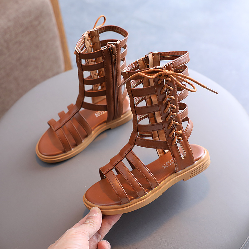 Girls' Sandals 2023 Summer New Little Girl's Roman Shoes Soft Sole Children's Princess Shoes Mid-Big Children's Beach Shoes