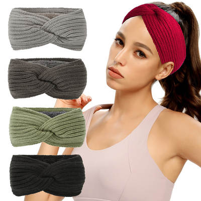 European and American plus velvet autumn and winter knitted hair accessories thick wool hair band warm cold-proof sports headband earmuffs cross headgear