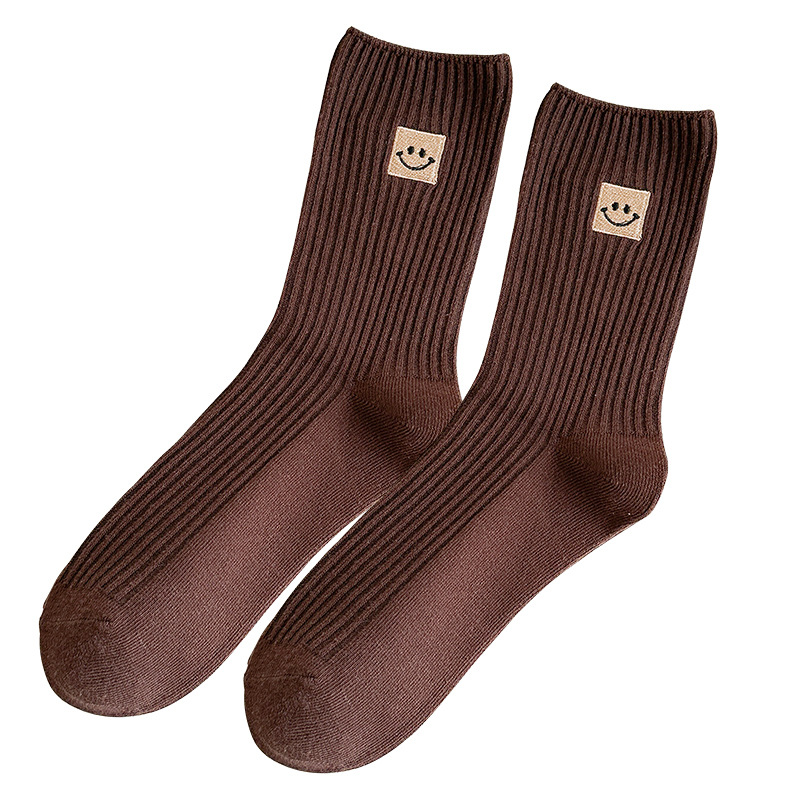 Double stitch socks children's solid color cotton socks spring and autumn smiling face embroidery mid-tube socks Japanese series Net red long tube socks wholesale