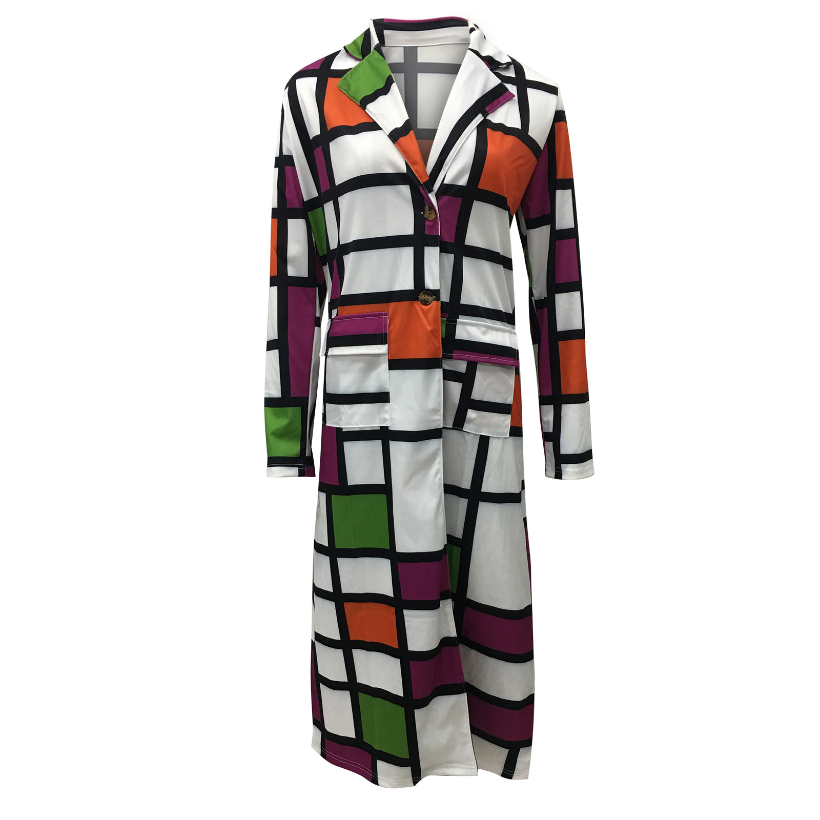Autumn and winter New trench coat cross-border European and American plus size plaid printed double-breasted lapel coat coat women's coat_voghion.com