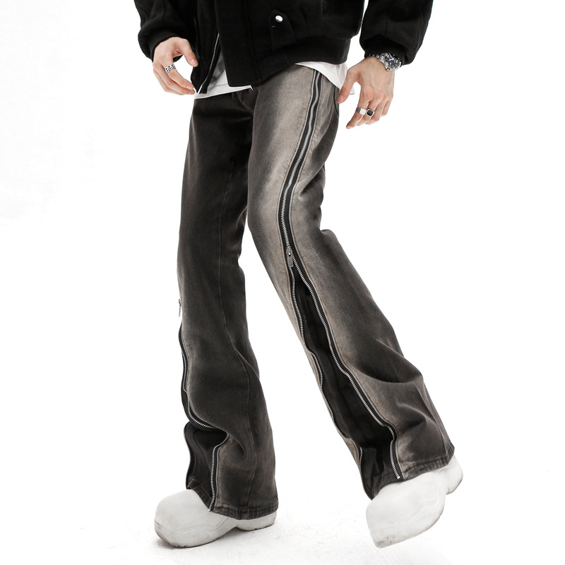 American retro distressed design sense zipper straight trousers men's ins tide casual split high street jeans wholesale