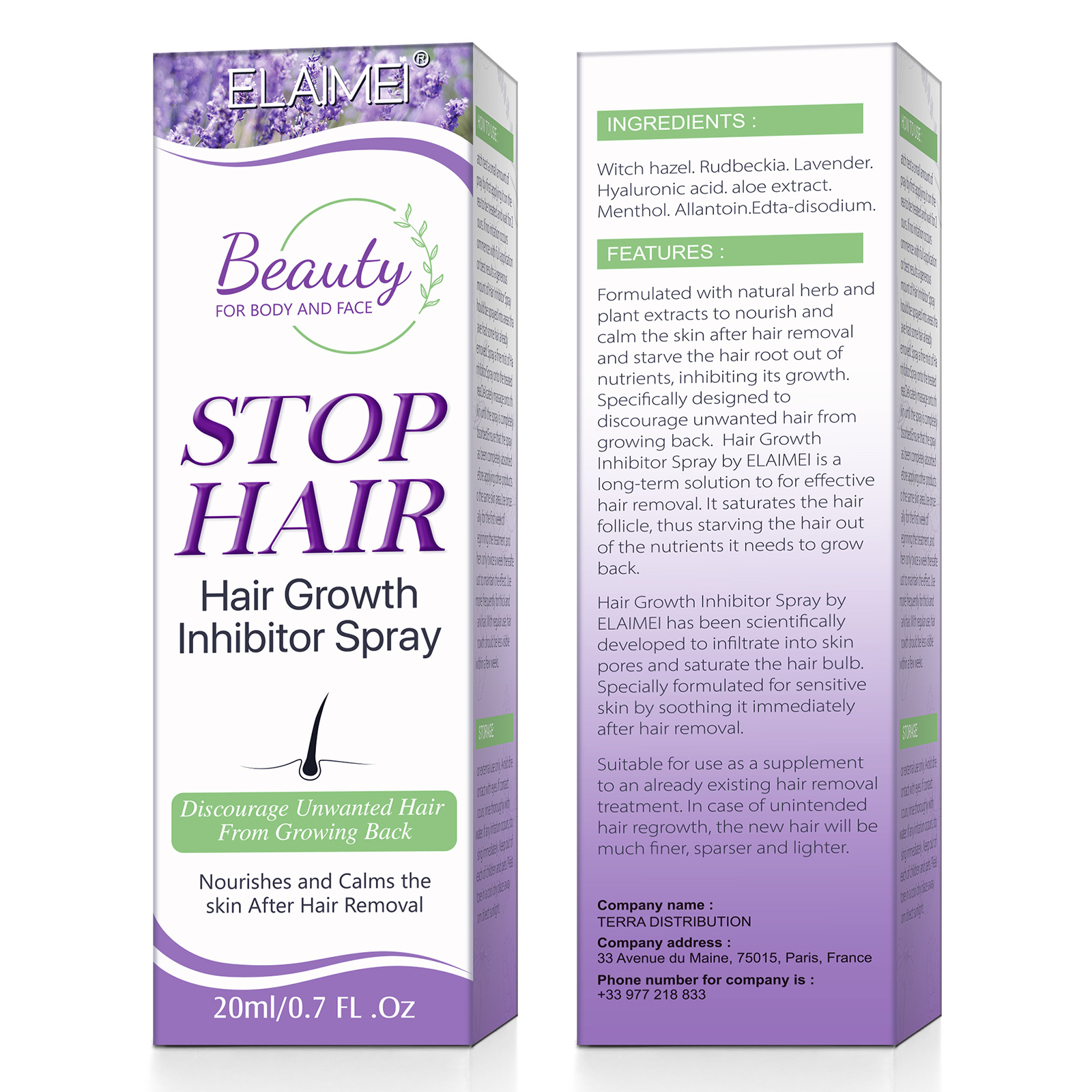 Cross-border ELAIMEI HAIR suppression spray STOP HAIR gentle nourishing shrink pores body available