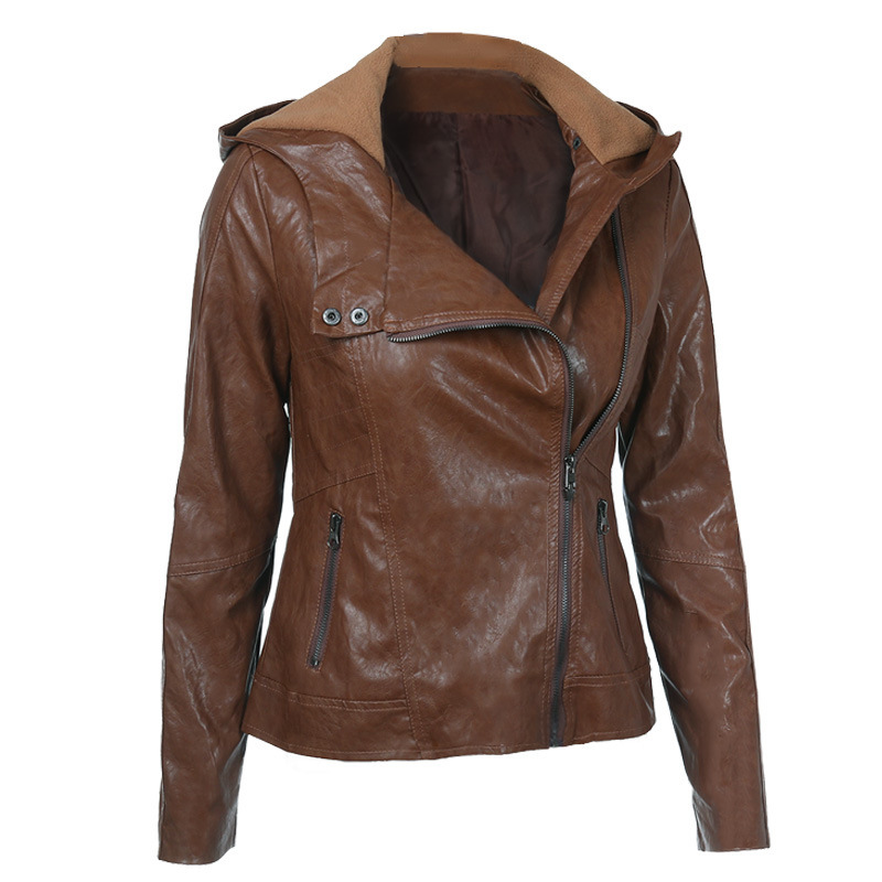 Amazon European and American fashion hooded long sleeve solid color women's leather jacket jacket pu leather women's spot