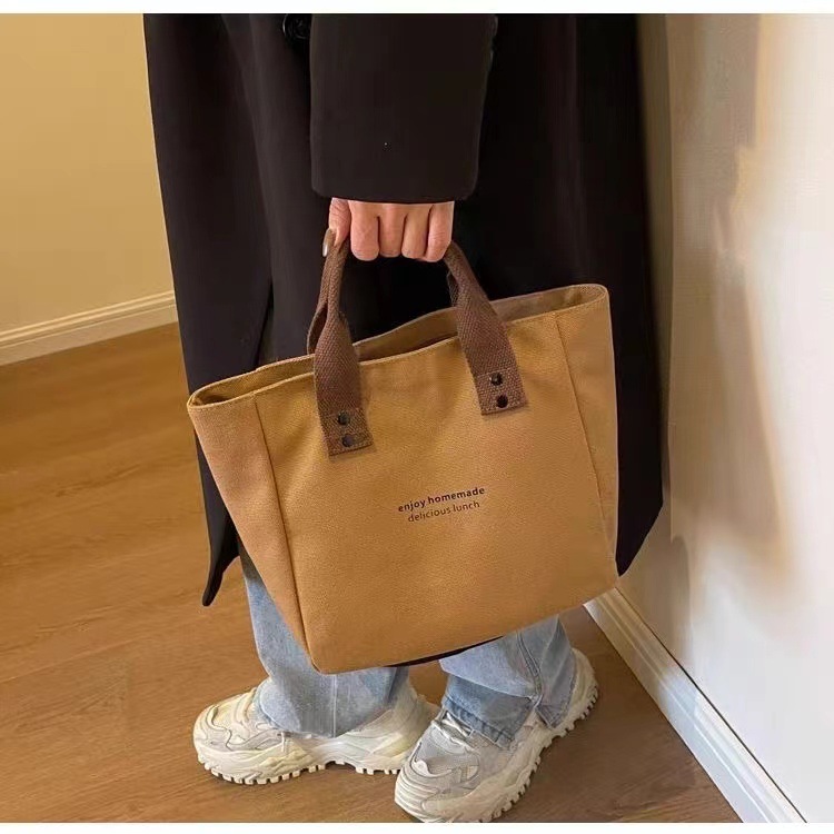 Cross-border new canvas solid color handbag Japanese-style office worker simple lunch box bag contrast color shoulder bag factory wholesale