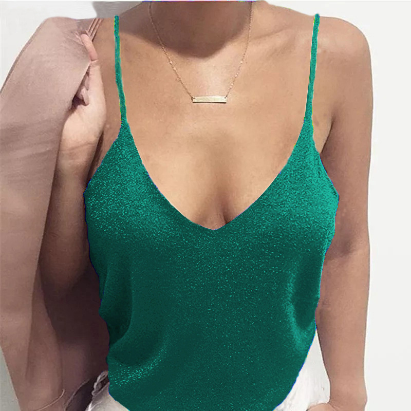 Cross-border Foreign Trade 2022 European and American New Women's Solid Color Deep V-neck Sexy Sling Tight Casual Vest T-shirt for Women
