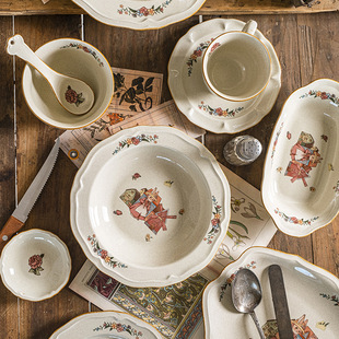 ins high-grade glaze color household ceramic salad rice bowl coffee cup Western plate retro mid-ancient farm tableware