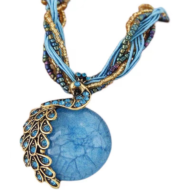 Bohemian Style Tassel Vintage Peacock Gemstone Elegant Women's Rice Bead Necklace Woolen Chain