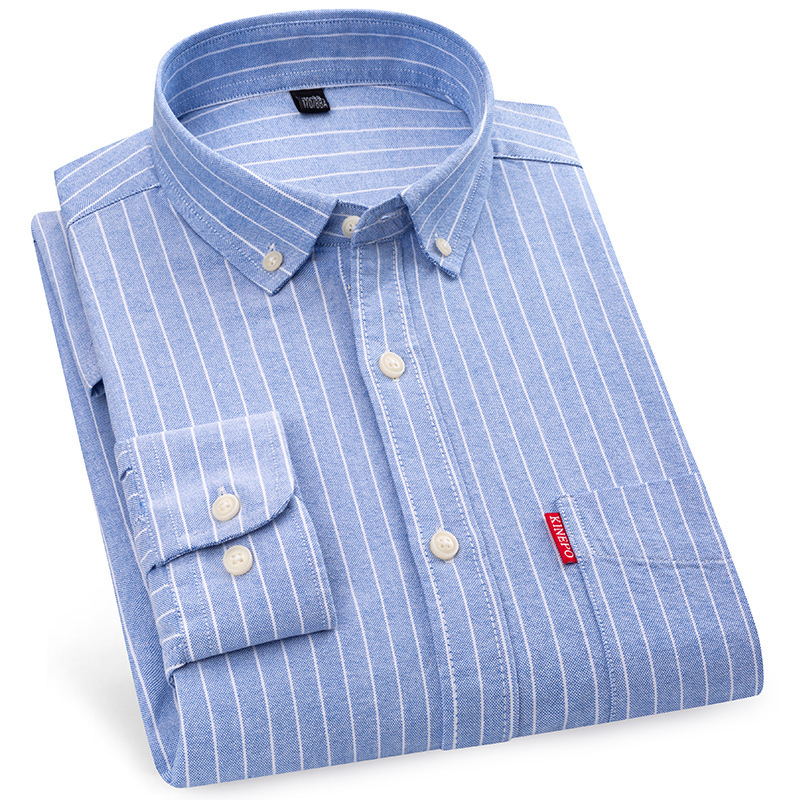 New Style All Cotton Long Sleeve Casual Plaid Pure Cotton Oxford Spinning Shirt Men's Business Stripe Korean Style Slim-fit Non-ironing Shirt