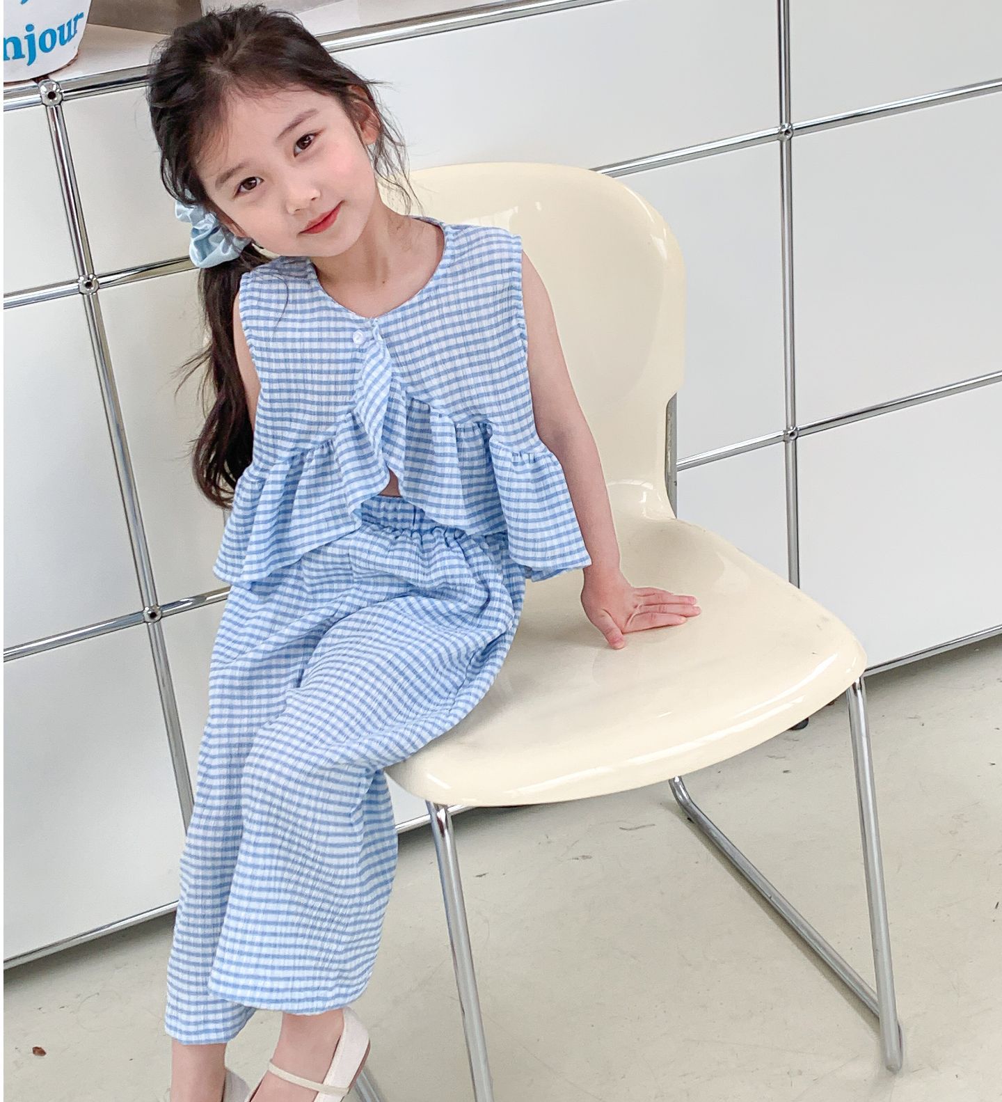 Girls' suit plaid fashion style personalized top lengthened 24 summer new foreign trade children's clothing for 3-8 years old
