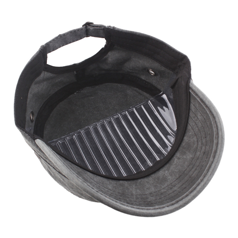 Amazon Hot Sale Flat Top Military Cap Men's Monochrome Washed Pure Cotton Curved Eave Cap Stainless Steel Filter Sun Hat