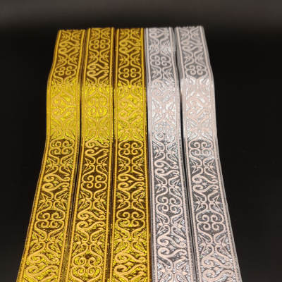 3.3cm Computer Jacquard Ribbon Gold Silk and Silver Thorn Ethnic Style Clothing Stage Home Textile Pillow Decorative Edge Woven Ribbon