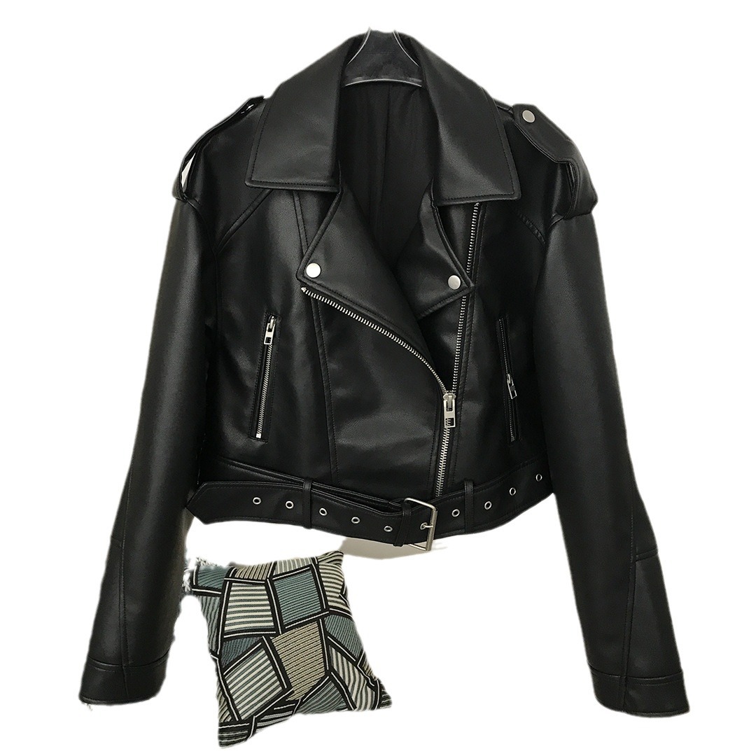 Women's Spring and Autumn Women's New Lapel Short Jacket Style Motorcycle Fashion Casual European and American Style Slim Leather Jacket