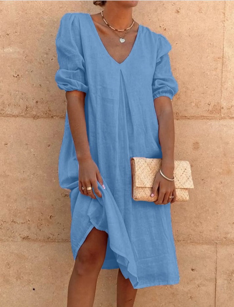 2022 Europe and the United States cross-border Amazon wish cotton and linen solid color fashion long sleeve long casual long dress