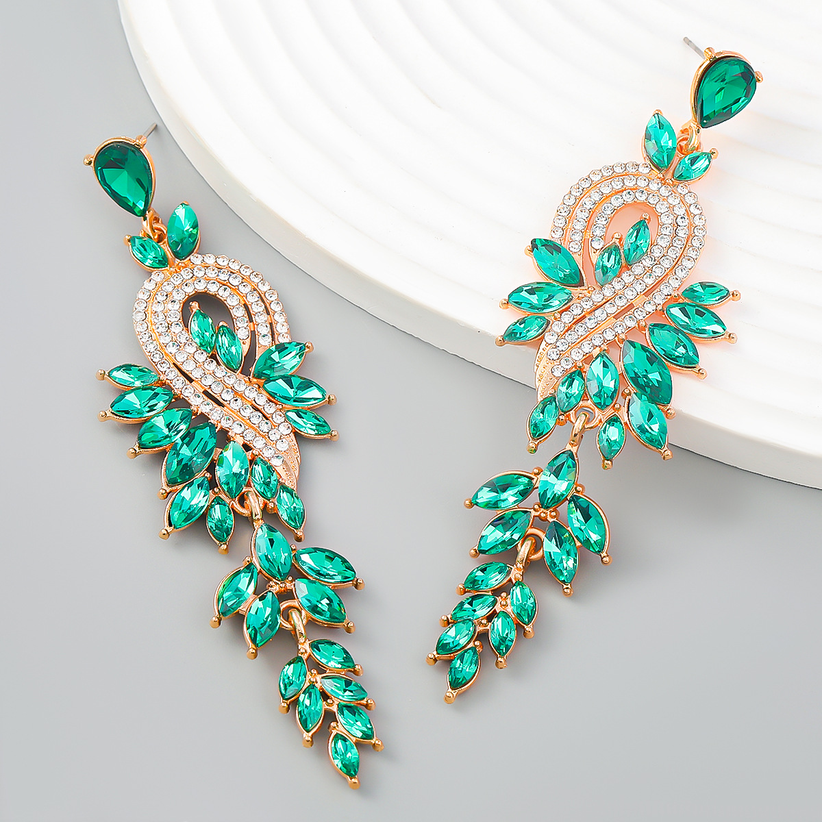 earrings时尚设计感合金镶钻水钻几何树叶彩钻耳环女欧美耳饰批发