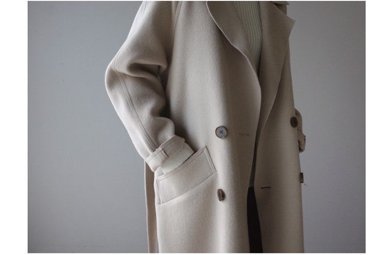 Cappotto di lana sopra il ginocchio stile Harajuku lungo e aderente in vita di Waitmore, in lana beige di media lunghezza, nuovo inverno 2023_voghion.com
