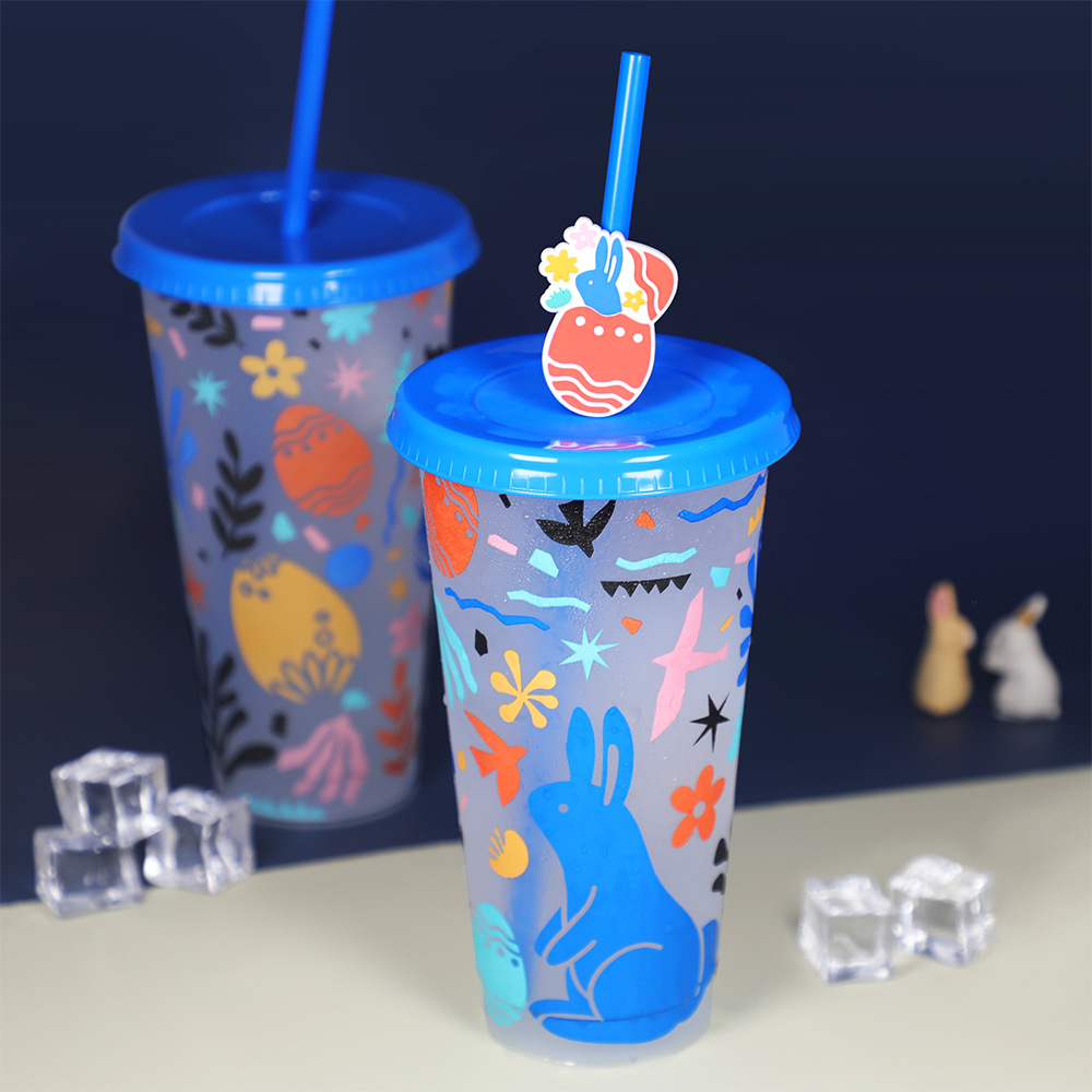 2023 New Easter Color Changing Straw Cup Pp Cup High-Looking Rabbit Pattern Color Changing Cup Customization