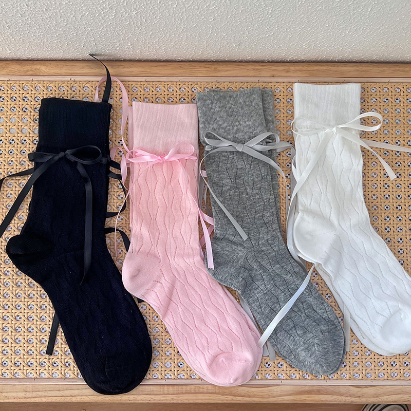 ballet style strap bow jk socks women's tube socks summer thin mesh solid color boneless pile socks cotton