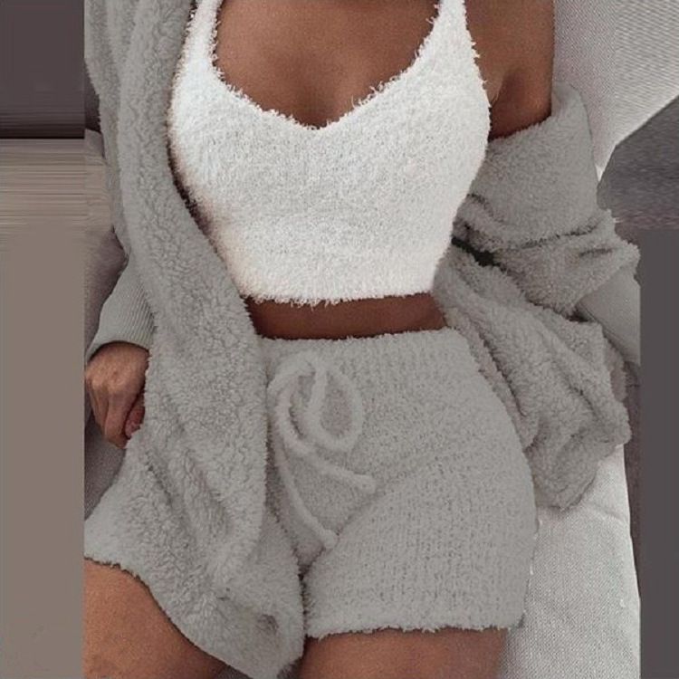 in stock Cross-border Women's Clothing Europe and America 2022 Autumn and Winter Plush Home Clothes Casual Three-piece Jacket Long-sleeved Navel Vest