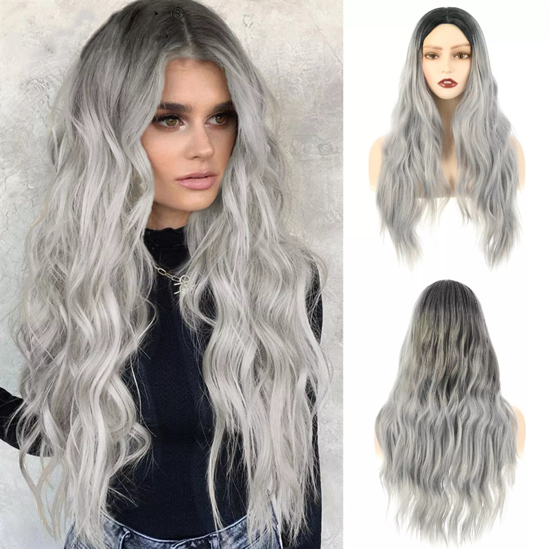 Foreign trade wig women's gradient gray long curly hair wigs European and American fashion long hair large wave headgear stock is sufficient