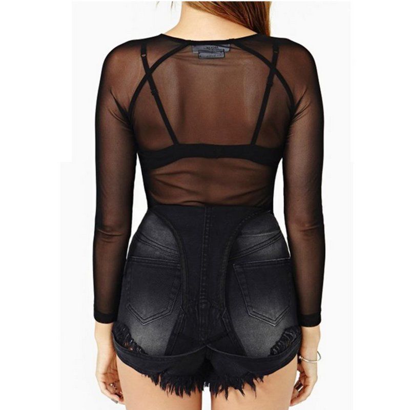 Spring and Autumn New Black Transparent Mesh Base Shirt Women's Long Sleeve Sexy Perspective Thin Mesh Shirt Super Stretch Yarn Clothes