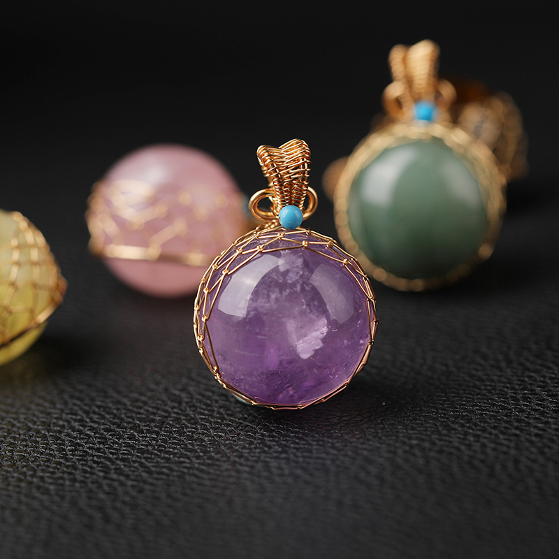 Wholesale natural crystal ball pendant multi-material hand-woven necklace jewelry stone polished cross-border hot sale